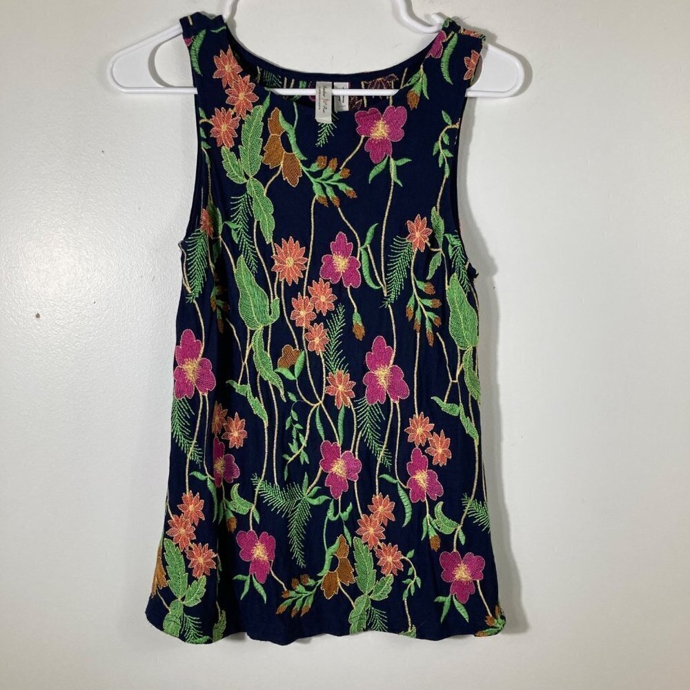 Womens Meadow Rue Anthropologie Embroidered Sleeveless Floral stretch Tank Top N